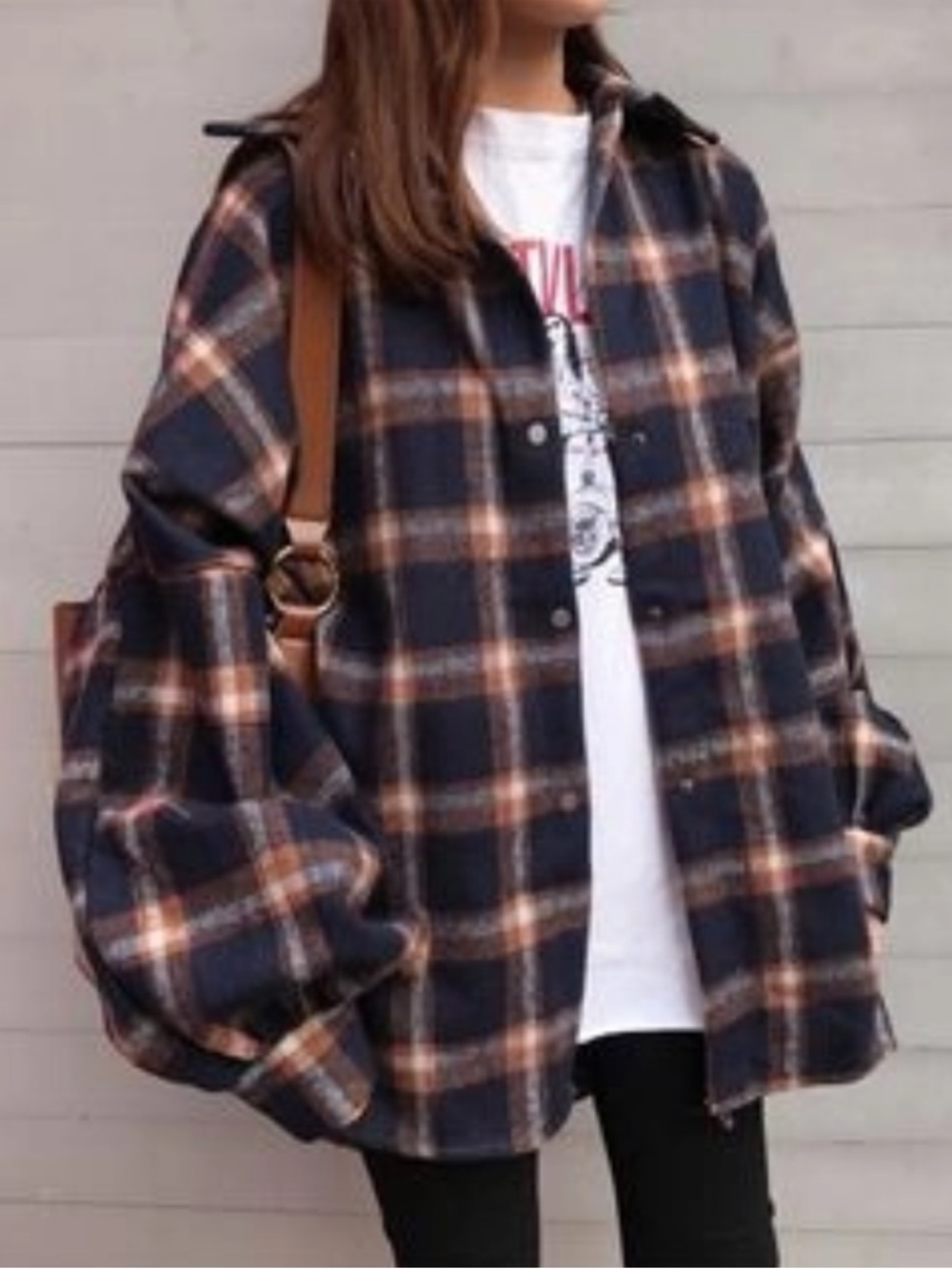 YesStyle Navy & Tan Plaid Oversized Flannel Cardigan One Size Women